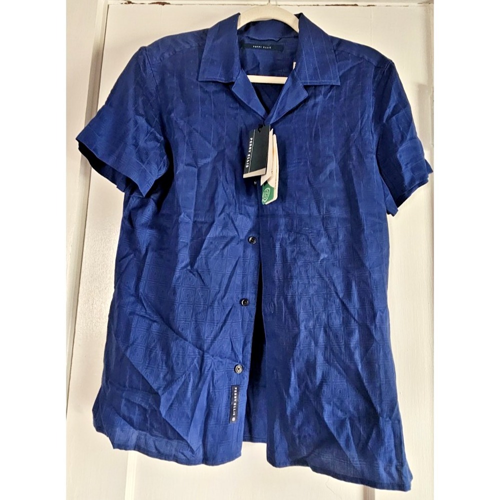 NWT PERRY ELLIS short sleeve Tencel blue geometric pattern button up shirt Men S
